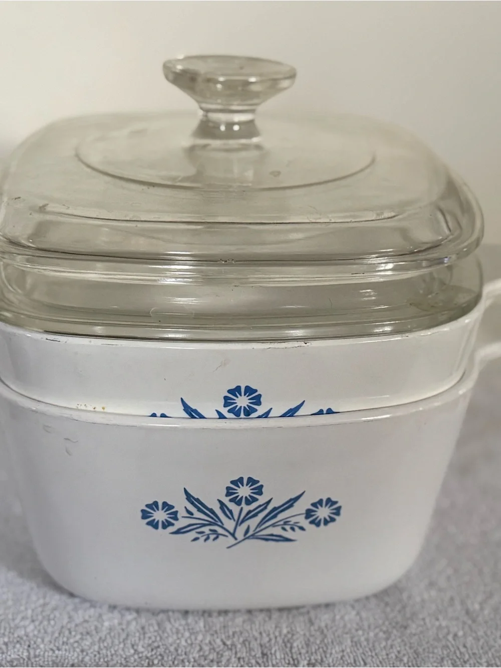 Corningware White Casserole Dishes with Blue Cone Flower Motif